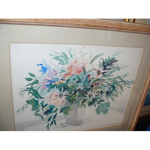 166 - LARGE FRAMED AND GLAZED WATERCOLOUR PLUS 2 PRINTS ALL FEATURING FLOWERS