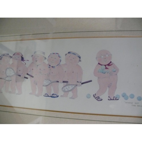 169 - FRAMED AND GLAZED PRINT 'WHOSE GOT THE BALLS' PLUS ONE OTHER