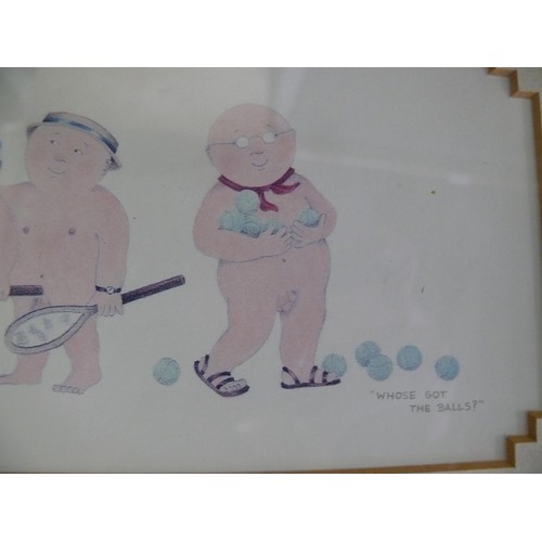 169 - FRAMED AND GLAZED PRINT 'WHOSE GOT THE BALLS' PLUS ONE OTHER