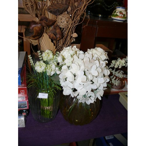 193 - 3 GLASS VASES WITH CONTENTS OF FLOWER AND FOLIAGE ARRANGMENTS