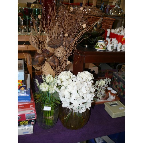 193 - 3 GLASS VASES WITH CONTENTS OF FLOWER AND FOLIAGE ARRANGMENTS