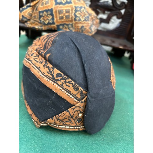 222 - 3 traditional Javanese Blangkon batik fabric hats & 3 further South East Asian hats in red & yellow ... 
