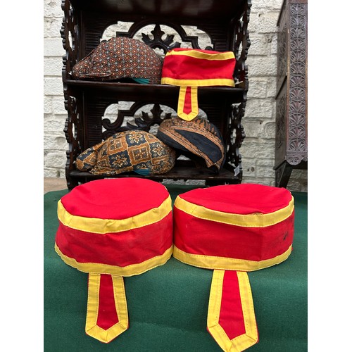 222 - 3 traditional Javanese Blangkon batik fabric hats & 3 further South East Asian hats in red & yellow ... 