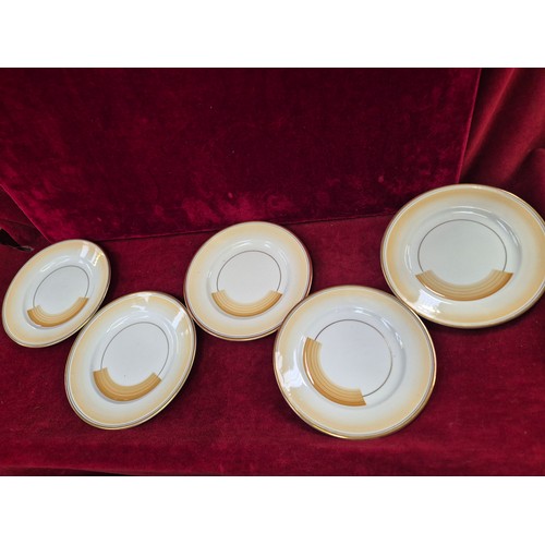 224 - Shelley art deco ‘Patches and Shades’ pattern tea cup and saucer, with 5x further saucers and 5x sid... 