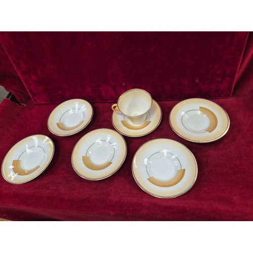 224 - Shelley art deco ‘Patches and Shades’ pattern tea cup and saucer, with 5x further saucers and 5x sid... 