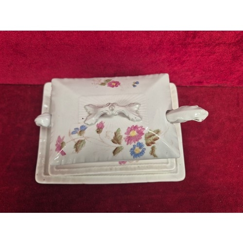 225 - Victorian Sauce Tureen on stand with sauce ladle and larger stand, decorated with blue & pink flower... 