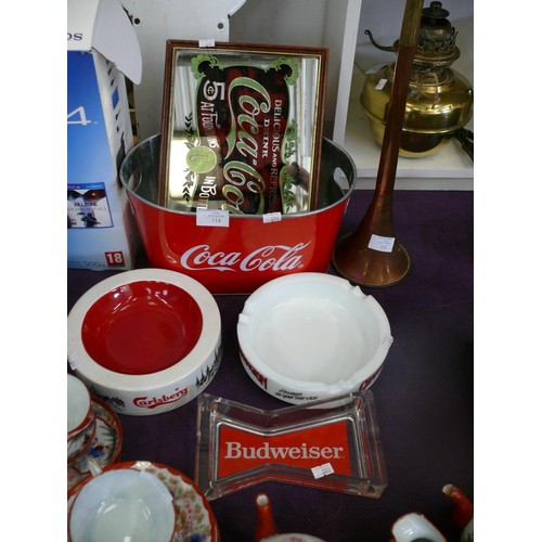 114 - COCA COLA ICE BUCKET AND MIRROR PLUS ASHTRAYS ADVERTISING CARLSBERG, BUDWEISER AND CHARRINGTON