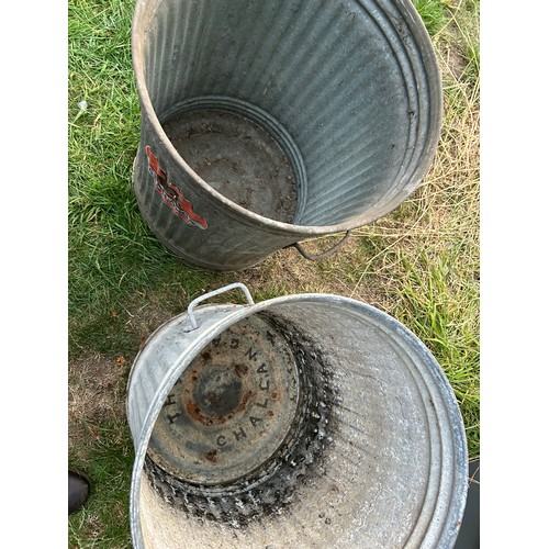 411 - 2 vintage galvanised dustbins by Challenga, one with lid and also a galvanised scoop