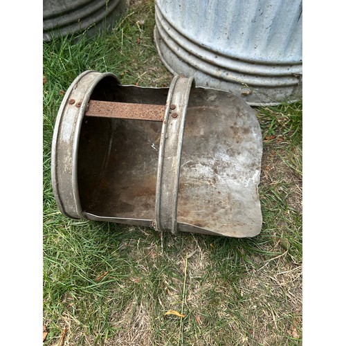 411 - 2 vintage galvanised dustbins by Challenga, one with lid and also a galvanised scoop