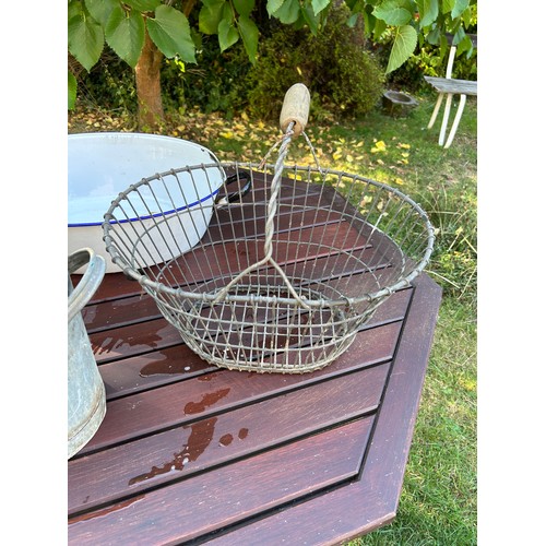 410 - Vintage wire harvest basket, English tin enamel wash tub and pair of galvanised 2 handled buckets/tu... 