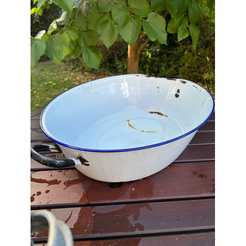410 - Vintage wire harvest basket, English tin enamel wash tub and pair of galvanised 2 handled buckets/tu... 
