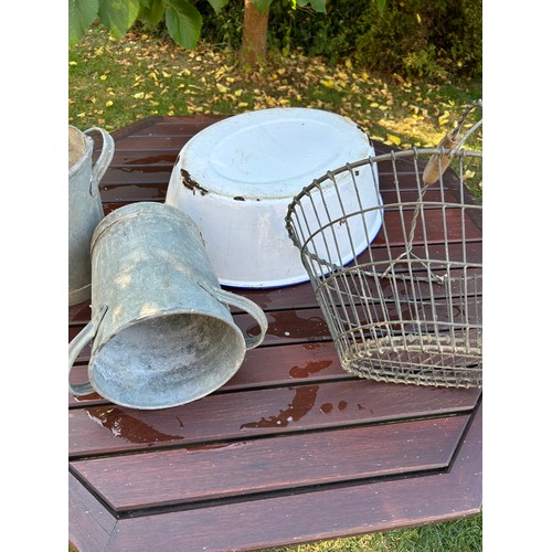 410 - Vintage wire harvest basket, English tin enamel wash tub and pair of galvanised 2 handled buckets/tu... 
