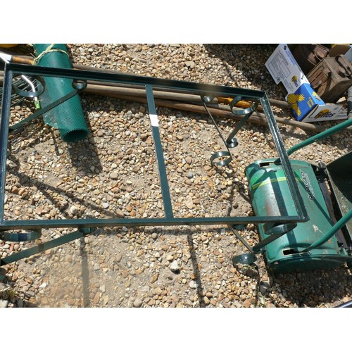 403 - Wrought iron green painted table base for garden or indoors. Appears new & needs a wood or glass top