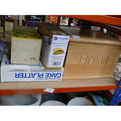 318 - Wooden bread bin plus cake platter, mini chopper and rechargeable hot water botle