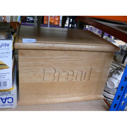 318 - Wooden bread bin plus cake platter, mini chopper and rechargeable hot water botle