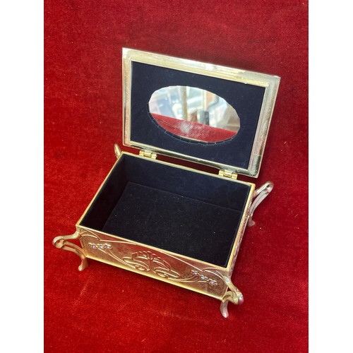 6 - A BEAUTIFUL ART NOUVEAU SILVER PLATED DRESSING TABLE JEWEL BOX WITH MULTI COLOURED STONES INSET.