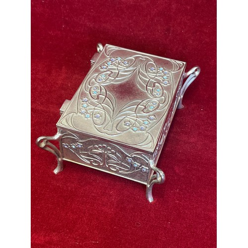 6 - A BEAUTIFUL ART NOUVEAU SILVER PLATED DRESSING TABLE JEWEL BOX WITH MULTI COLOURED STONES INSET.