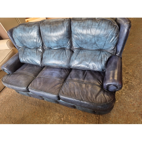 331 - Good quality hide leather 3 piece suite in kingfisher blue with sofa and 2 armchairs one of which is... 