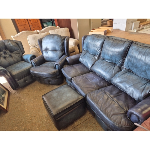 331 - Good quality hide leather 3 piece suite in kingfisher blue with sofa and 2 armchairs one of which is... 