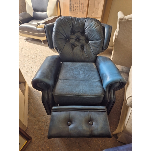 331 - Good quality hide leather 3 piece suite in kingfisher blue with sofa and 2 armchairs one of which is... 