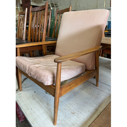 366 - Mid Century Danish style open armchair in pale beech wood. Needs new webbing
