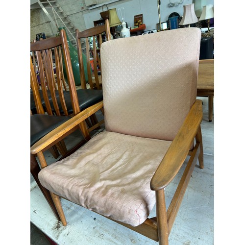 366 - Mid Century Danish style open armchair in pale beech wood. Needs new webbing