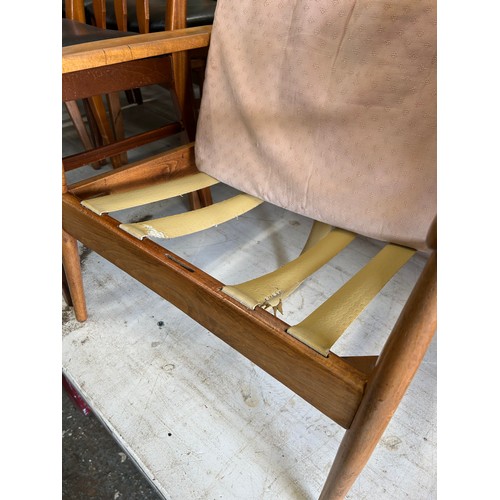366 - Mid Century Danish style open armchair in pale beech wood. Needs new webbing