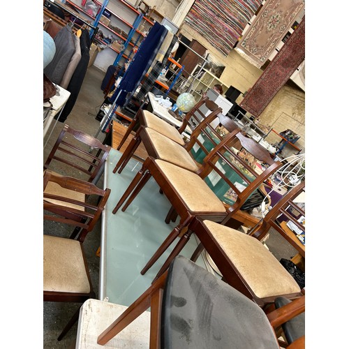 368 - Set of 6 dark wood dining chairs with shaped top rail