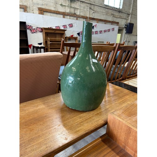 360 - Very large & heavy green glazed bottle vase - damage to top