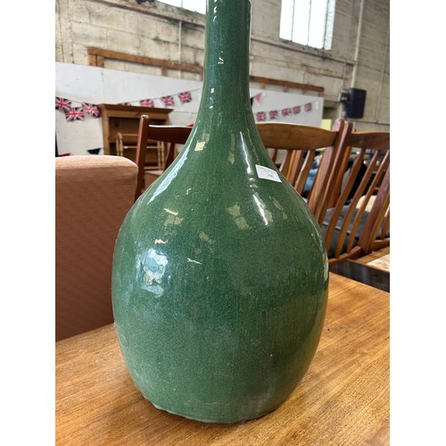 360 - Very large & heavy green glazed bottle vase - damage to top