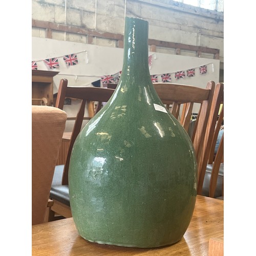 360 - Very large & heavy green glazed bottle vase - damage to top