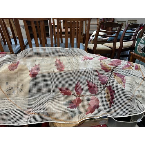 359 - Large box of vintage balls of wool in autumnal russet colours together with a stencilled rug canvas