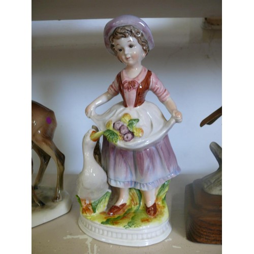 75 - Hertwig Katzhutte porcelain deer and fawn figure plus a lady and goose figure and a Song Thrush