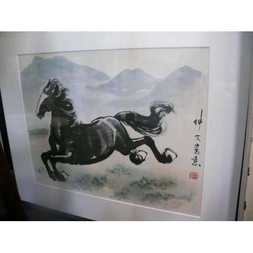 112 - SHABBY CHIC PICTURE FRAME IN THE STYLE OF A WINDOW FRAME AND A FRAMED CHINESE INK OF A HORSE