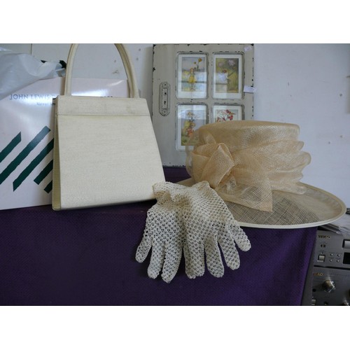 113 - John Lewis Ladies dress hat plus handbag, ladies gloves and flowers