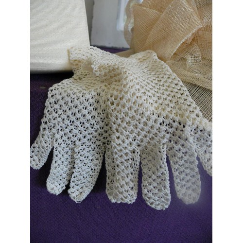 113 - John Lewis Ladies dress hat plus handbag, ladies gloves and flowers