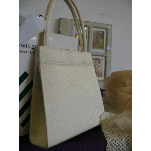 113 - John Lewis Ladies dress hat plus handbag, ladies gloves and flowers