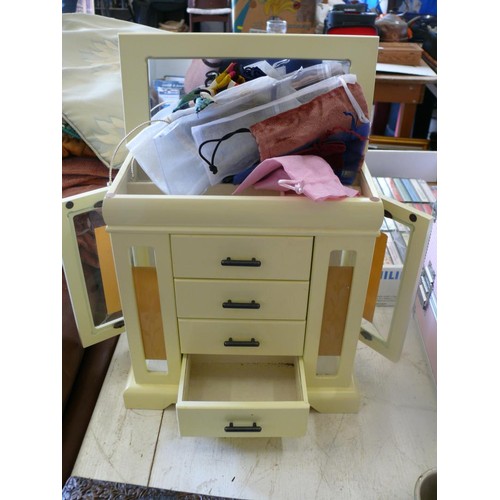193 - Large cream jewellery box plus a selection of jewellery bags