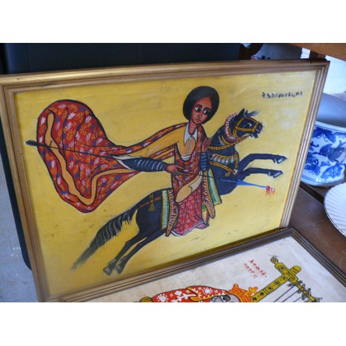 198 - 4 pieces of framed Ethnic artwork Thai, Ethiopian and Balinese