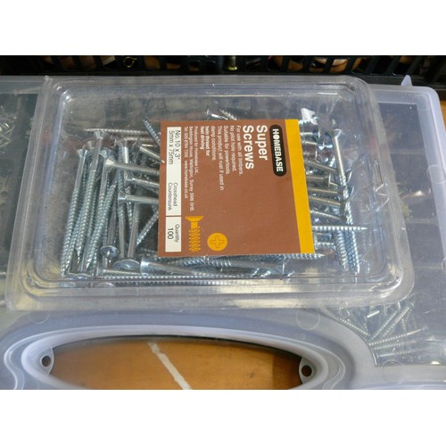 208 - Compartment storage box with contents of screws and rawl plugs plus another tub of screws