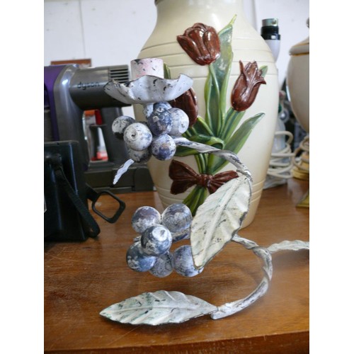 212 - Ceramic Brentleigh ware flower vase plus a metal candleholder
