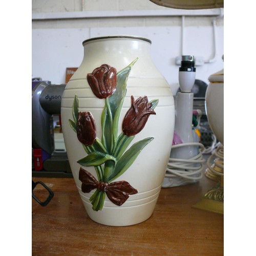 212 - Ceramic Brentleigh ware flower vase plus a metal candleholder