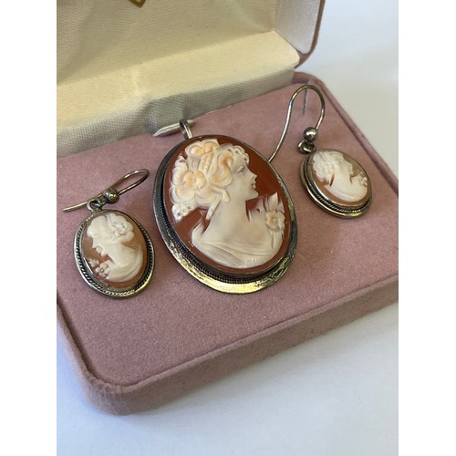 14 - ITALIAN HAND CARVED CAMEO SET SILVER PENDANT AND EARRINGS