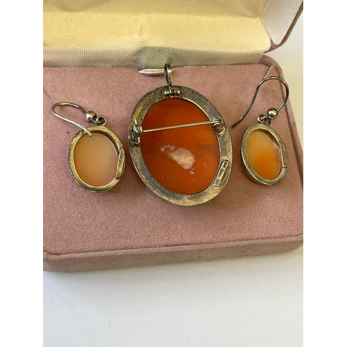 14 - ITALIAN HAND CARVED CAMEO SET SILVER PENDANT AND EARRINGS