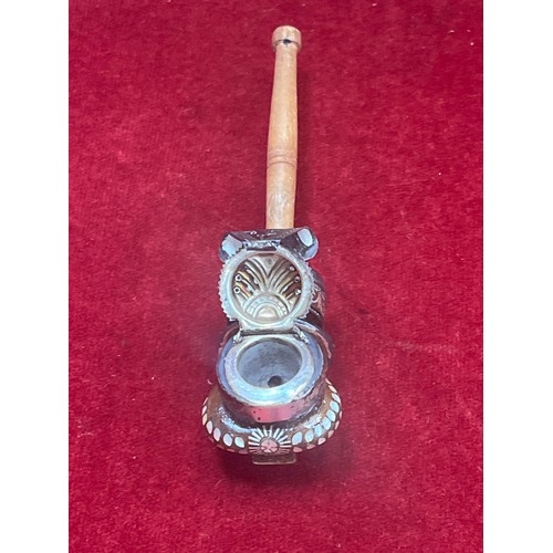 18 - An unusual covered smoking pipe, with a turned wooden mouthpiece and carved wooden bowl inlaid with ... 