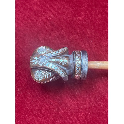 18 - An unusual covered smoking pipe, with a turned wooden mouthpiece and carved wooden bowl inlaid with ... 