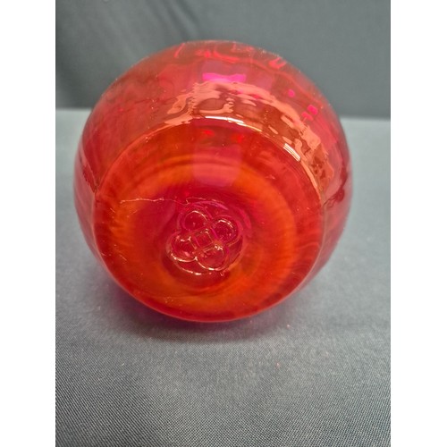 27 - Cranberry glass vase with frilled rim and swirl design by Dartington Crystal 20cm high