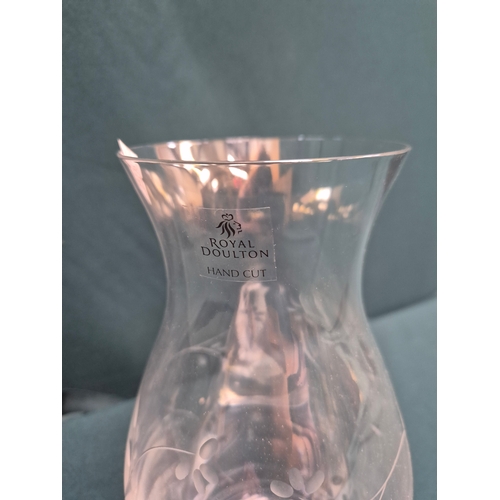 28 - Royal Doulton hand cut crystal vase with etched leaf design 25cm high
