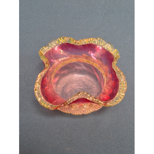 30 - Victorian cranberry glass ruffled bowl with applied decoration 14cm dia plus 2 Murano glass vases
