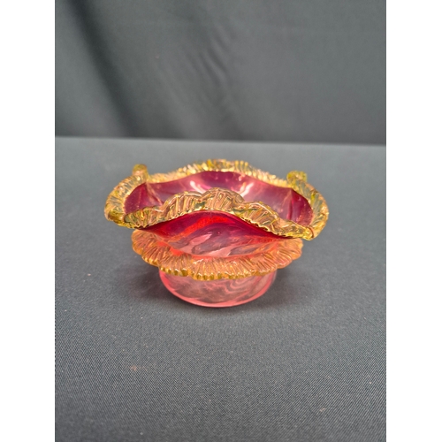 30 - Victorian cranberry glass ruffled bowl with applied decoration 14cm dia plus 2 Murano glass vases